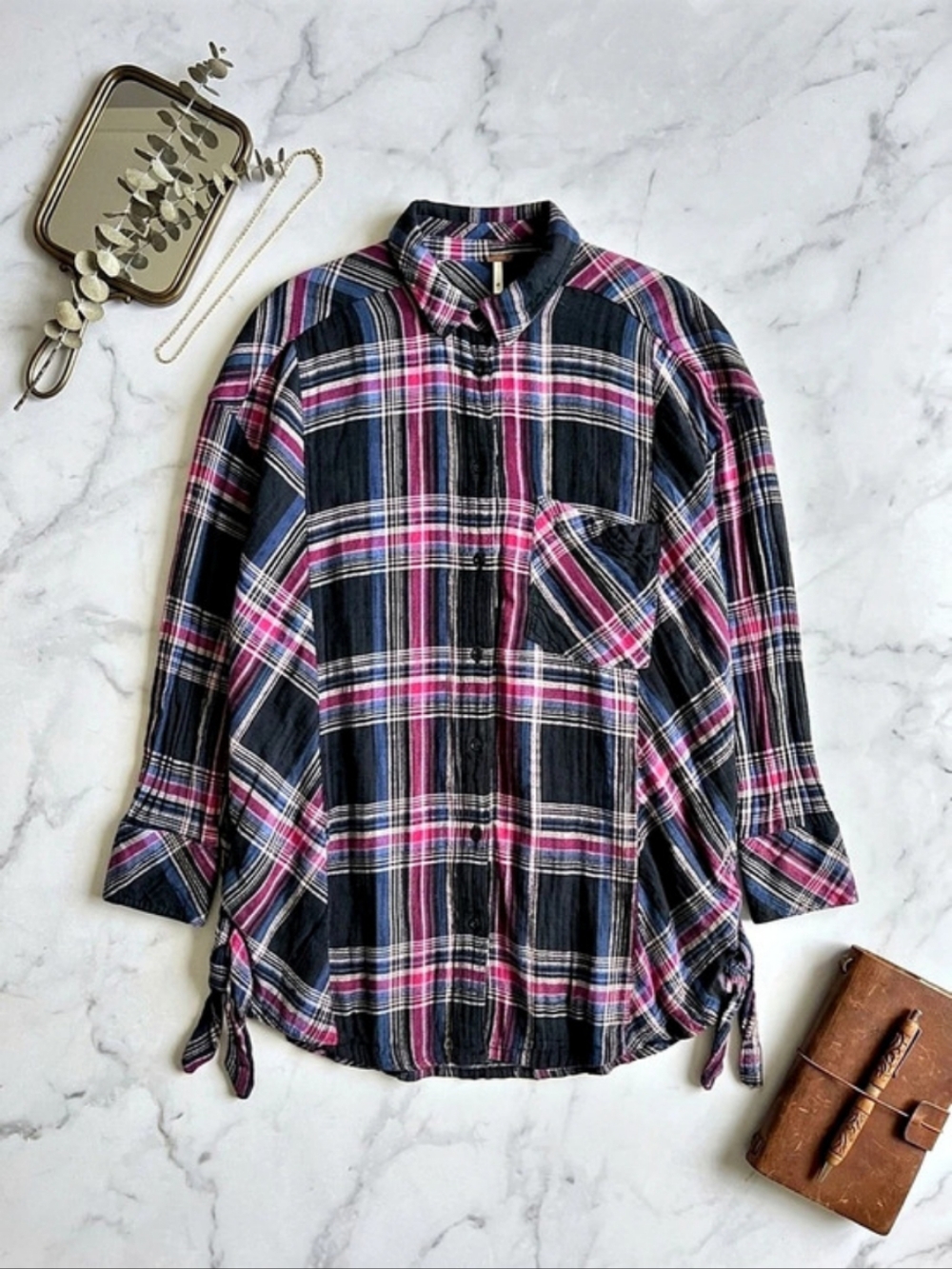 Free People We The Free Ashley Plaid Shirt Blue & Pink Small